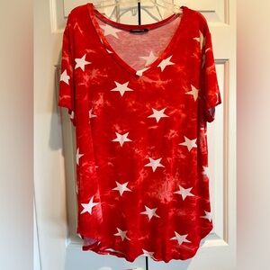 CUTE ! Red, Short Sleeve, V-Neck w White Stars ⭐️, Great for Olympics & July 4th